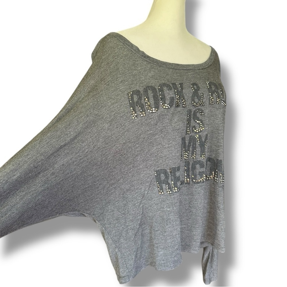 Haute Hippie Gray Rhinestone Rock & Roll is My Religion Surplus Sleeve Tee | M - Picture 8 of 14